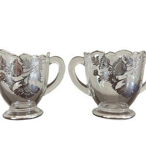 Silver City Glass Creamer Sugar Bowl w/ Silver Overlay Flanders Poppies Pattern